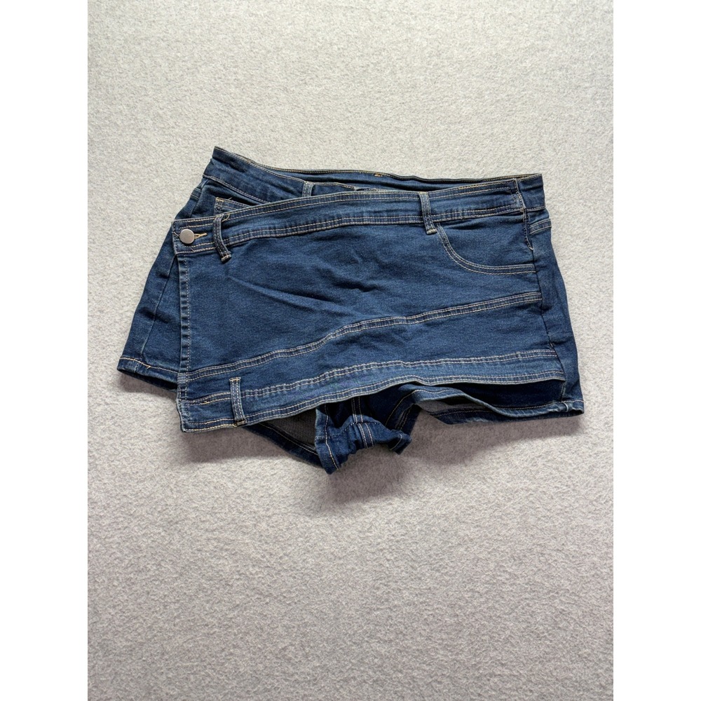 Asymmetrical‎ Denim Skort Dark Wash Wrap Front Jean Shorts Blue Large